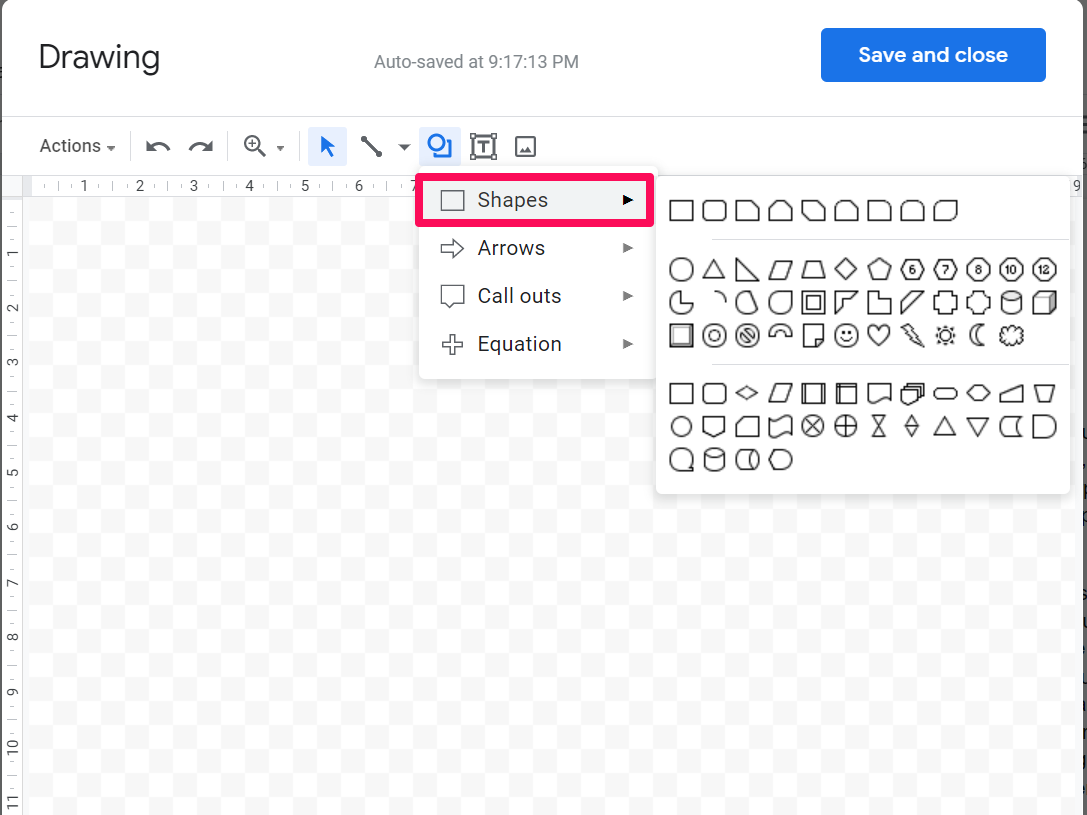 A screenshot of the Google Docs Drawing tool window with the shape selector open and a box around the shapes dropdown menu option.