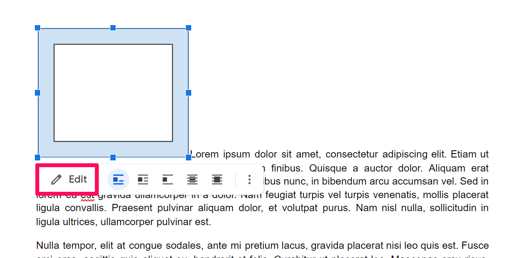 A screenshot of a shape that's been selected in a Google Doc, with a box around the Edit option in the contextual menu for the shape.