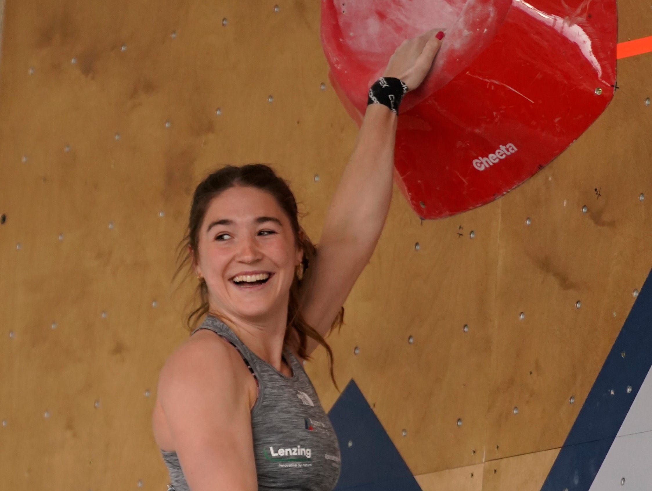 Johanna Färber, of Austria, climbs during the women's boulder finals at the climbing World Cup