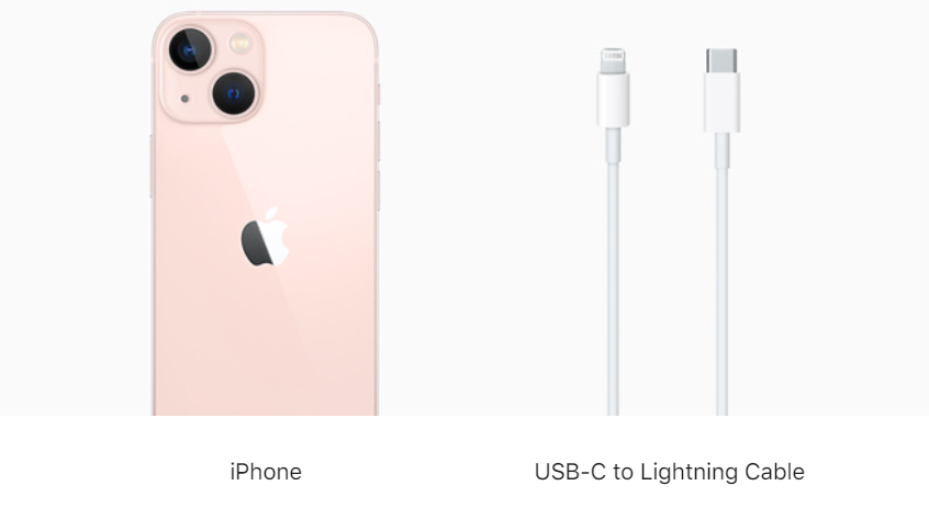Apple's iPhone 13 is pictured alongside the USB-C to Lightning cable that's included in the box.