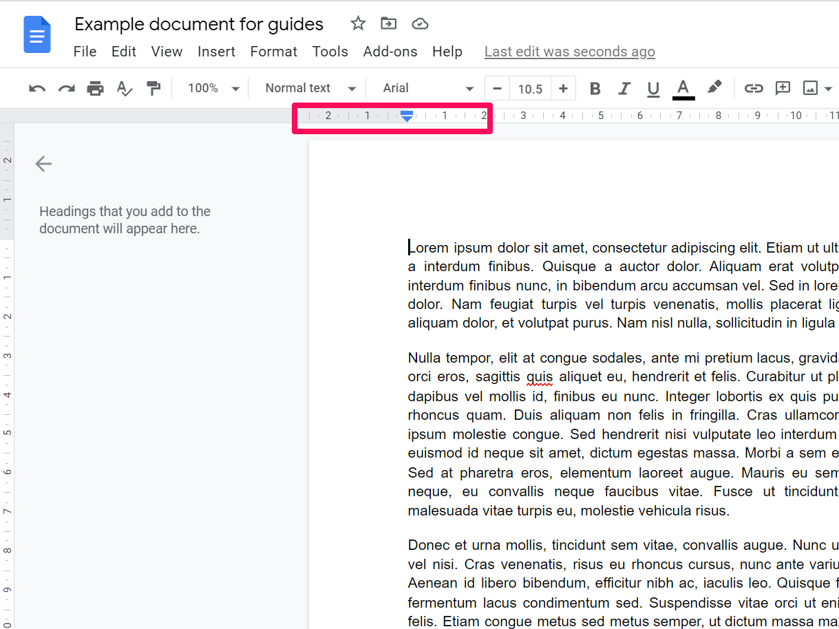 A screenshot of a Google Document with a box around the document ruler tool.