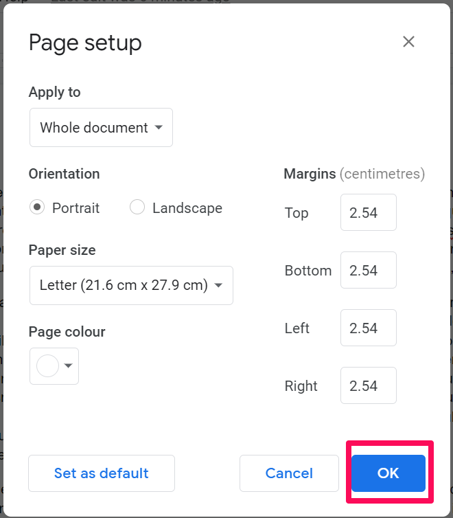 A screenshot of the Google Document "Page setup" pop-up window with a box around the "OK" button.