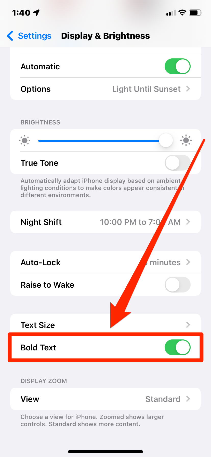 An iPhone's Display & Brightness page. The text is all bold, and the Bold Text option is highlighted.