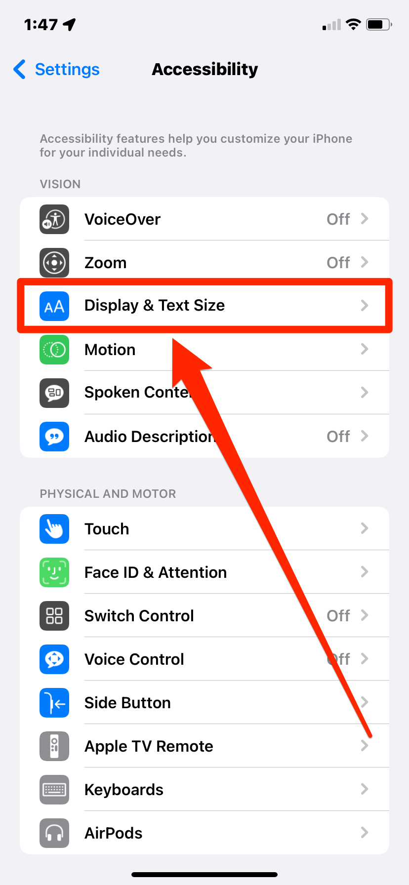 The Accessibility menu on an iPhone, with the Display & Text Size option highlighted.