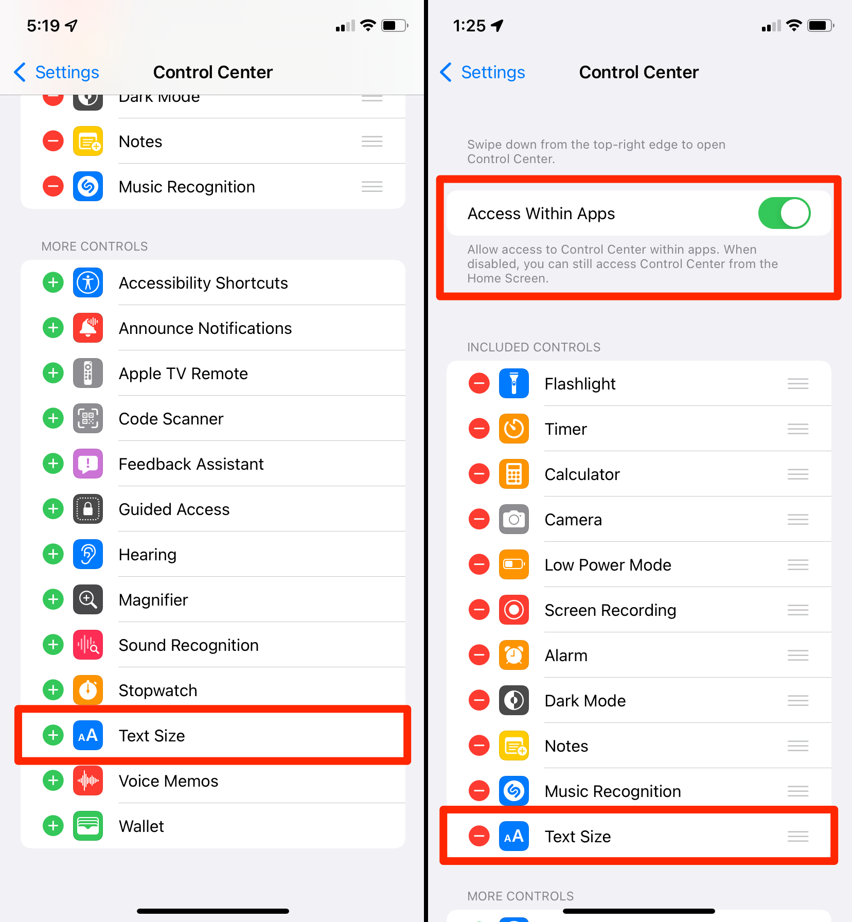 The Control Center settings page on an iPhone. The Text Size option is highlighted, as well as the Access Within Apps toggle.