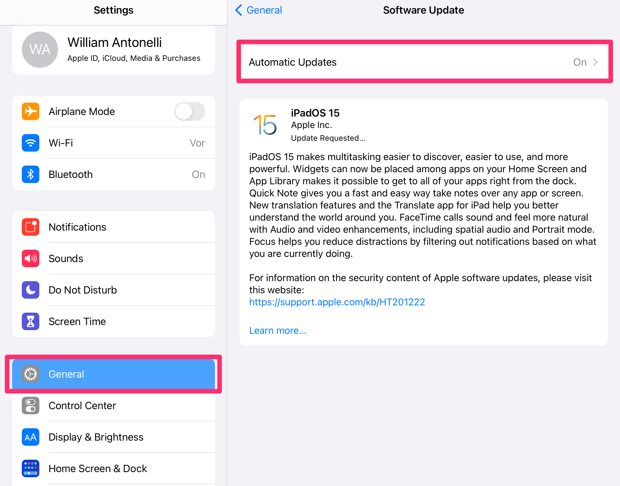 Screenshot of Software Update page in iPad Settings app