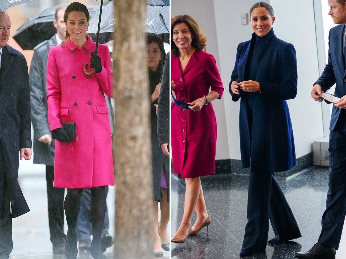 A side-by-side of Kate Middleton and Meghan Markle wearing coats.