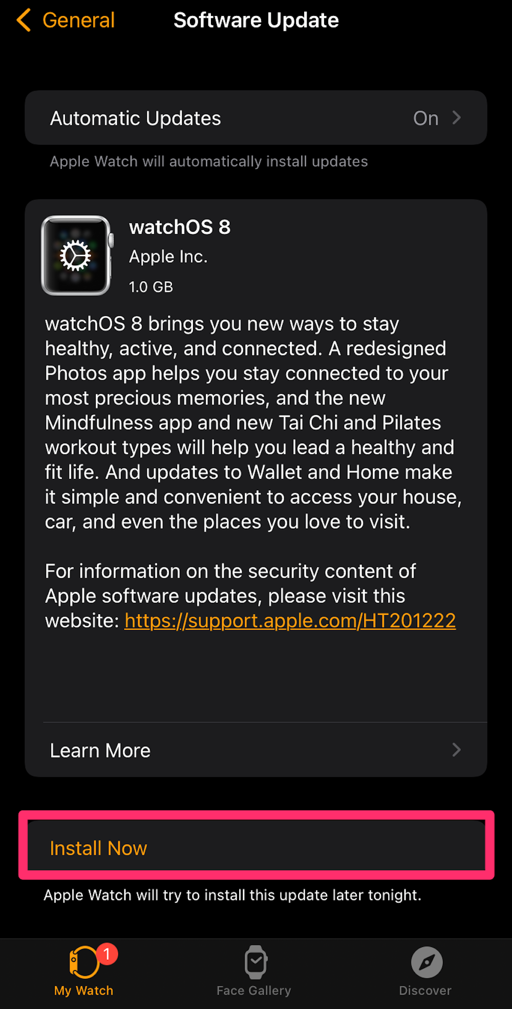 Screenshot of Install Now button on Software update page on iPhone Watch app