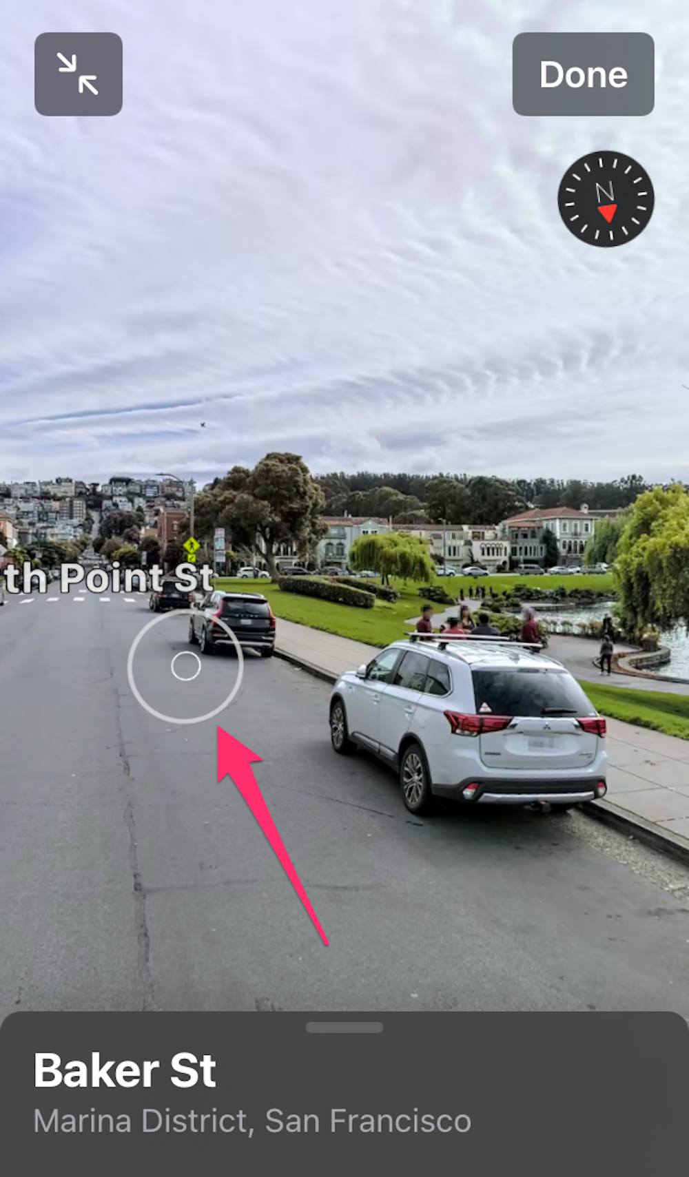 Screenshot of the full-screen view of the Look Around feature in Apple Maps