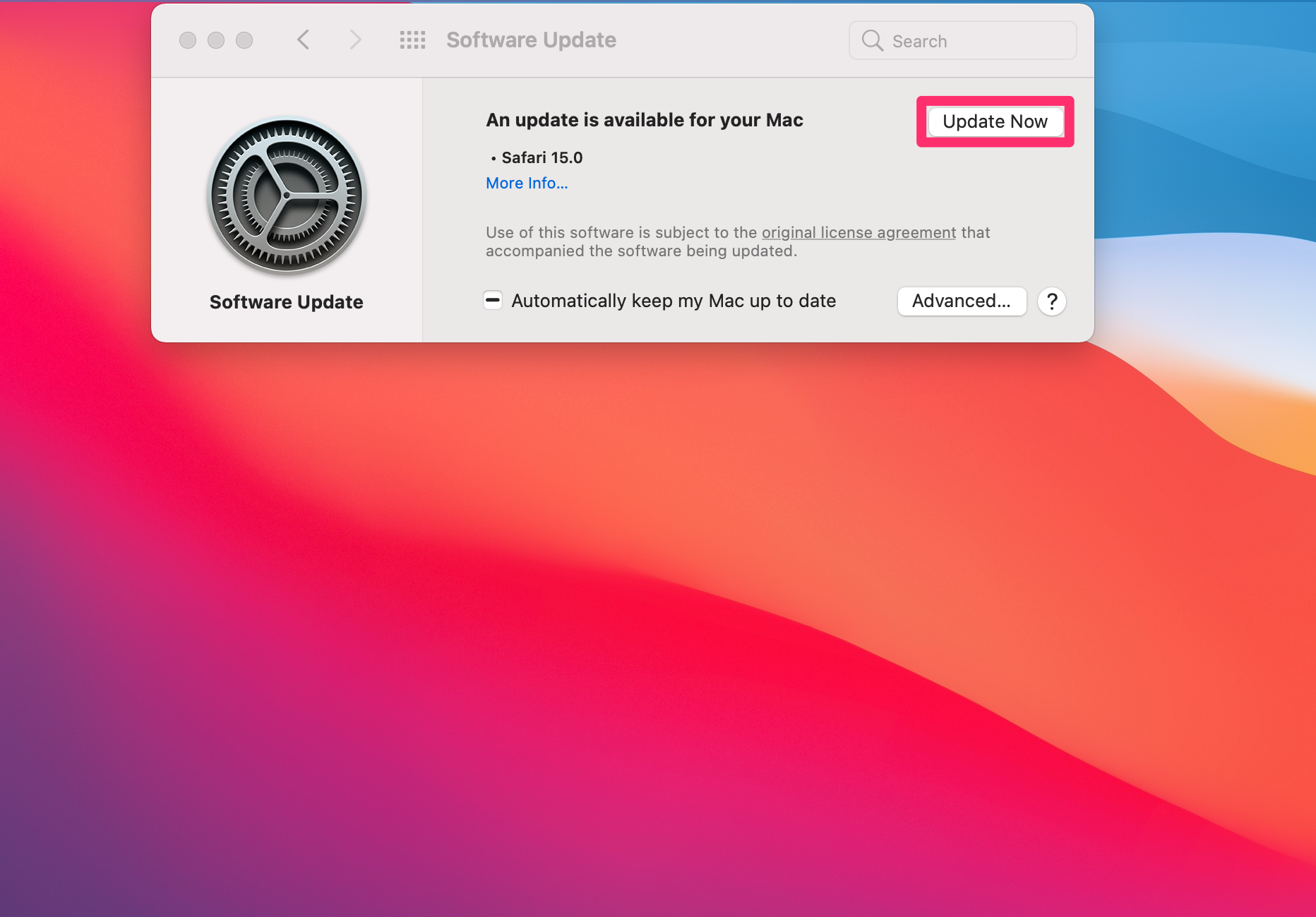 Screenshot of the update screen in Apple's System Preferences menu