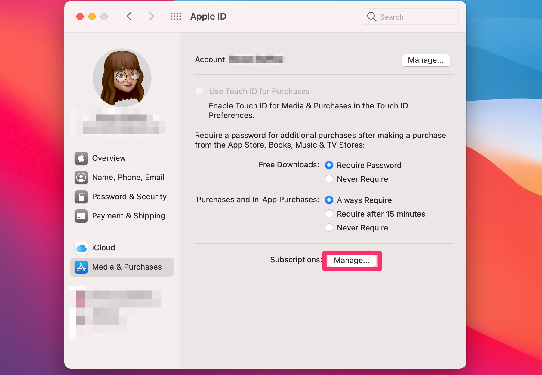 Screenshot of the Media and Purchases section of the System Preferences menu on a Mac