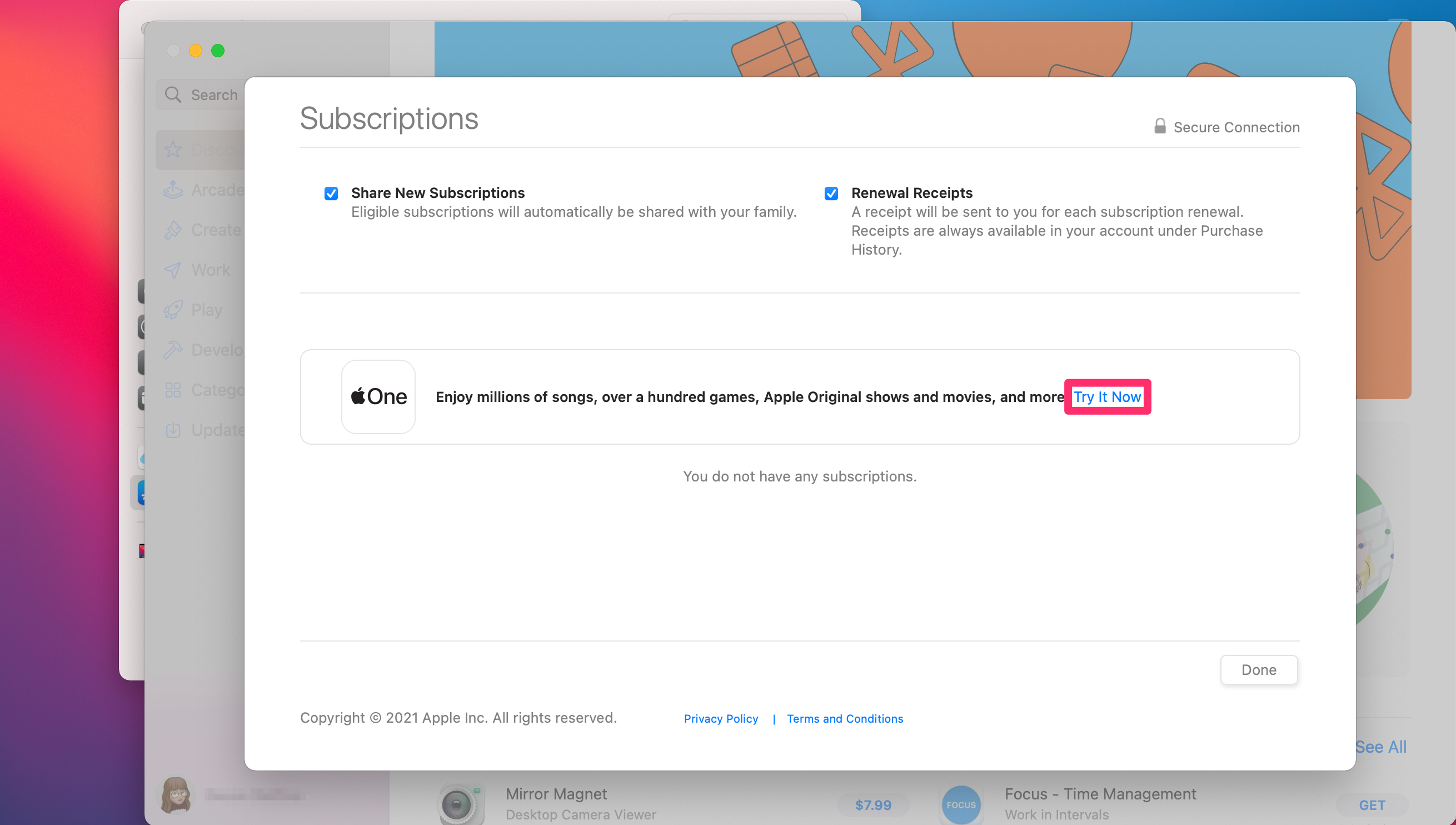 Screenshot of the first Apple One sign-up screen on a Mac