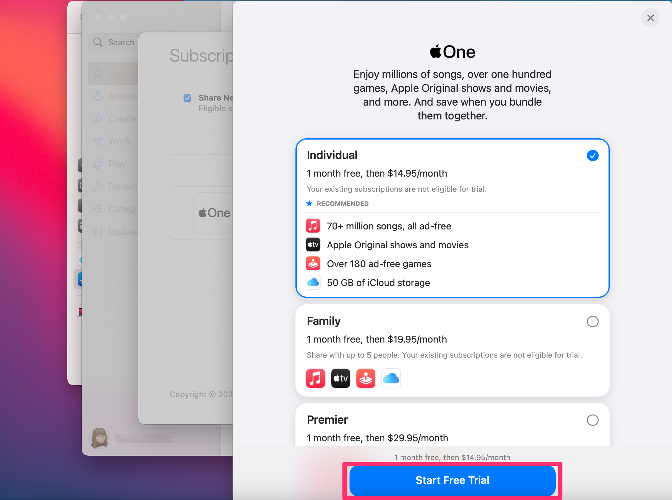 Screenshot of the free-trial offer when signing up for Apple One on a Mac