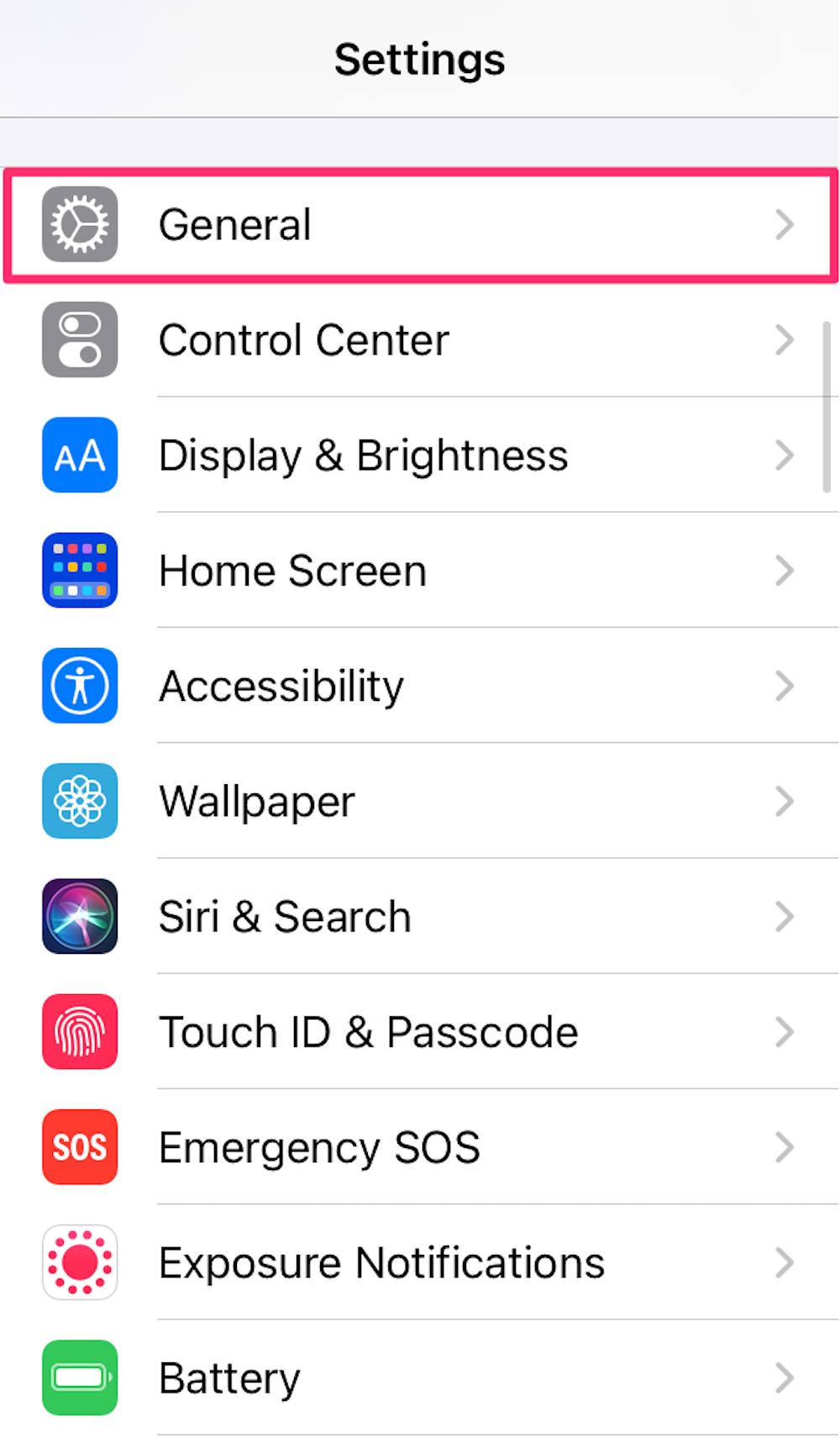 Screenshot of the main screen on the iPhone Settings app