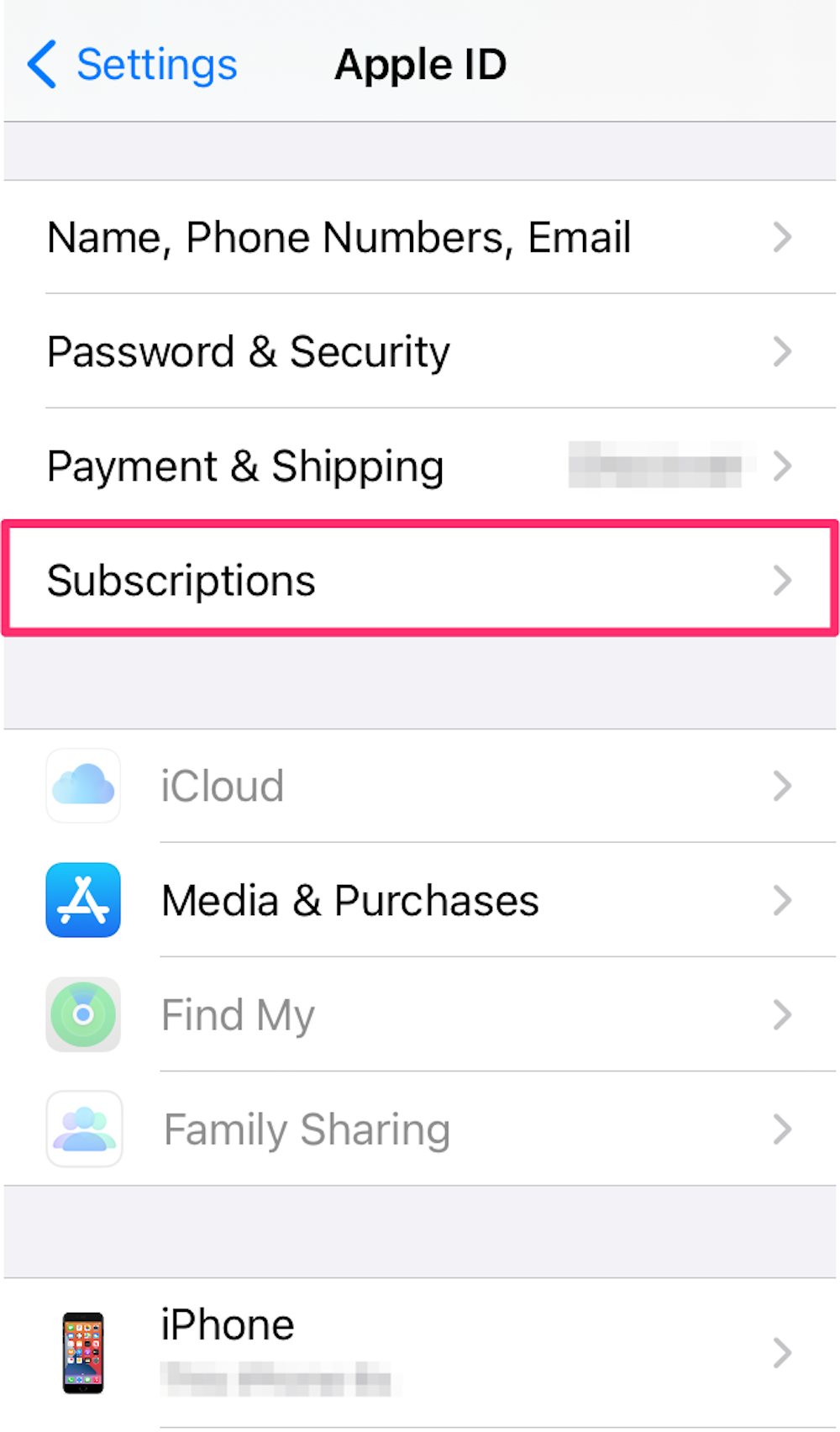 Screenshot of the Apple ID screen within iPhone's Settings app