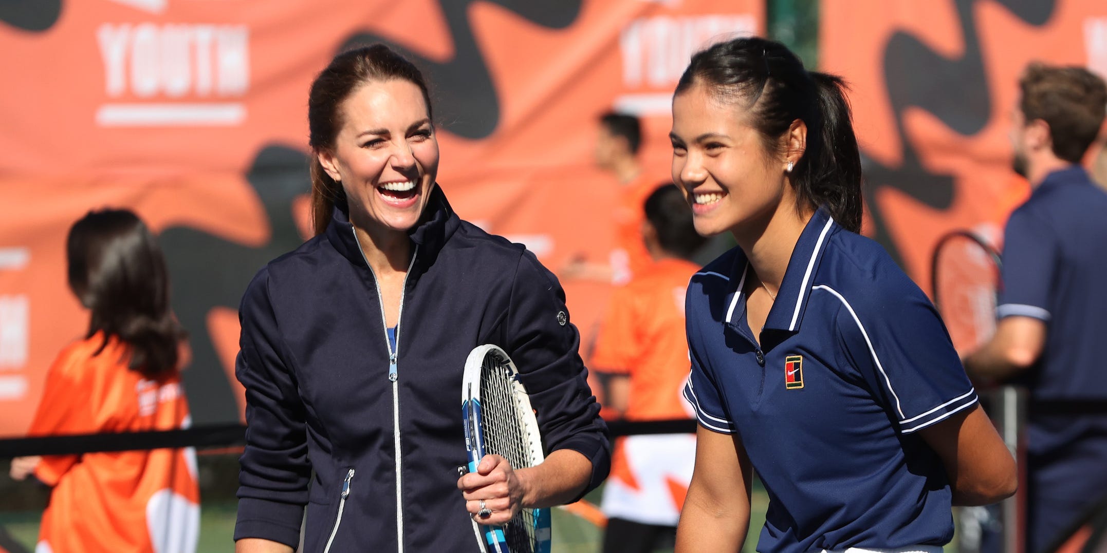 Kate Middleton talks to British US Open champion Emma Raducanu as they return to the LTA's National Tennis Centre for The Homecoming and to celebrate their success on September 24, 2021 in London, England.