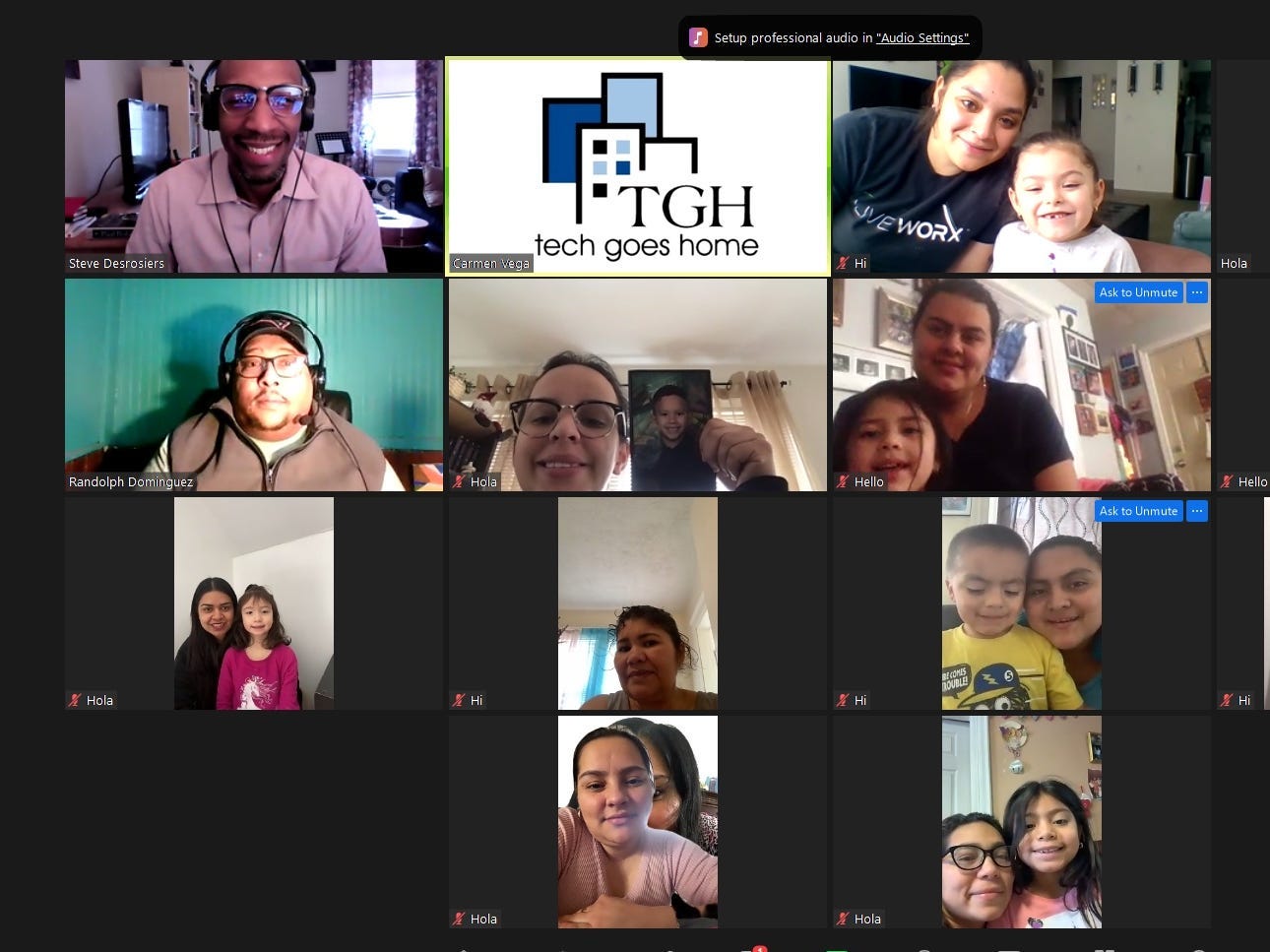 Zoom screenshots of families learning to use computers