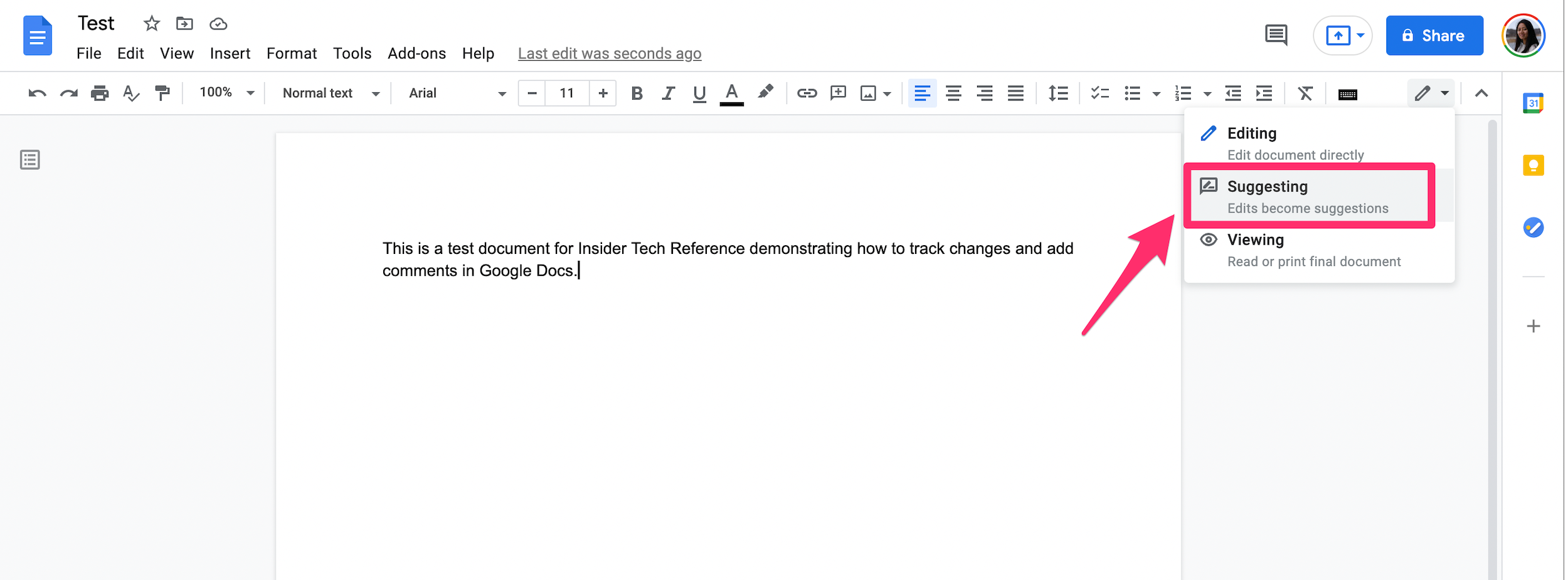 Google Docs screenshot with Suggesting mode highlighted