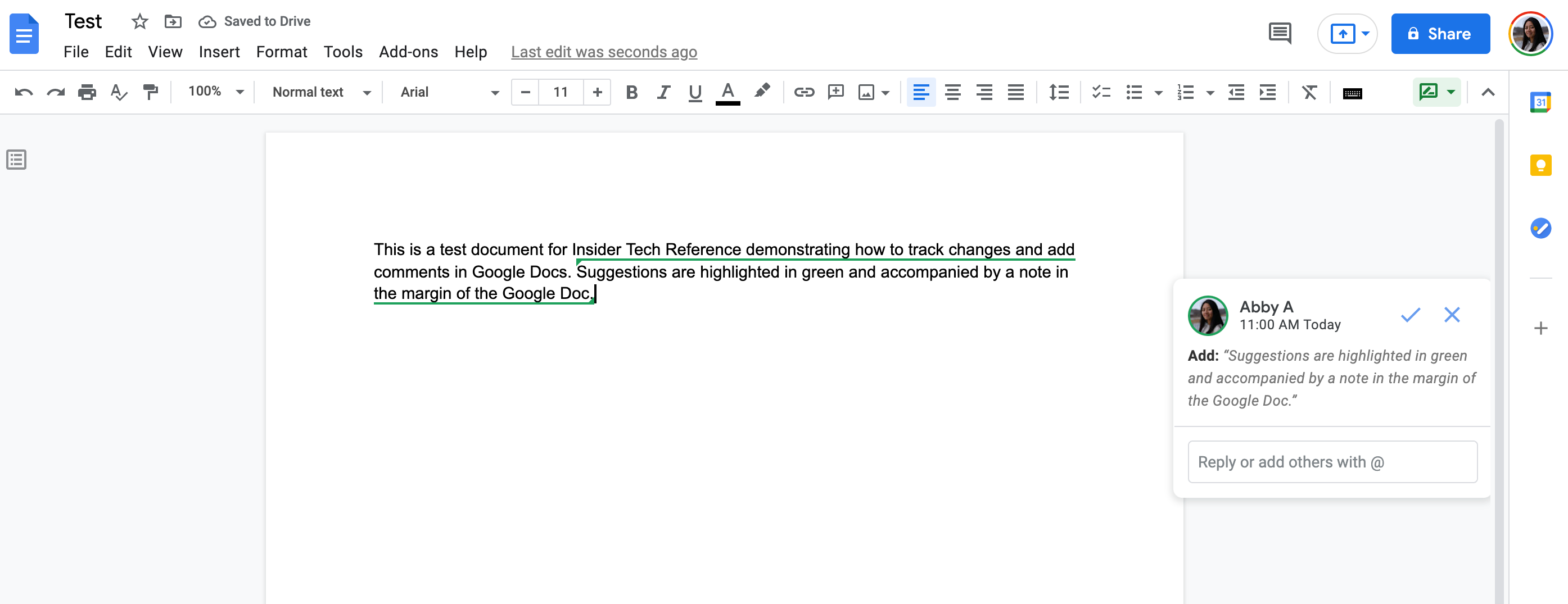 Google Docs screenshot showing edits made using Suggesting mode