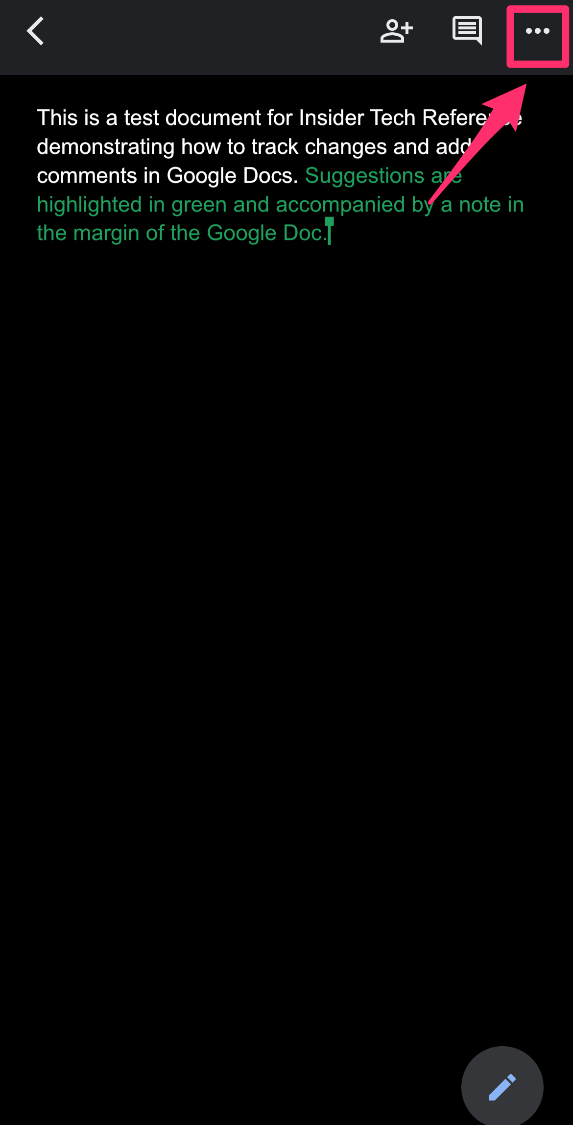 iPhone screenshot of the Google Docs app highlighting the more icon