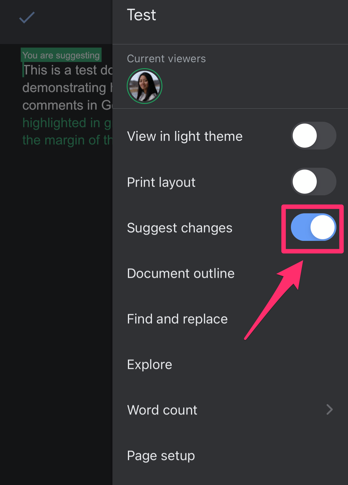 Screenshot of the Google Docs app with the Suggest changes slider highlighted