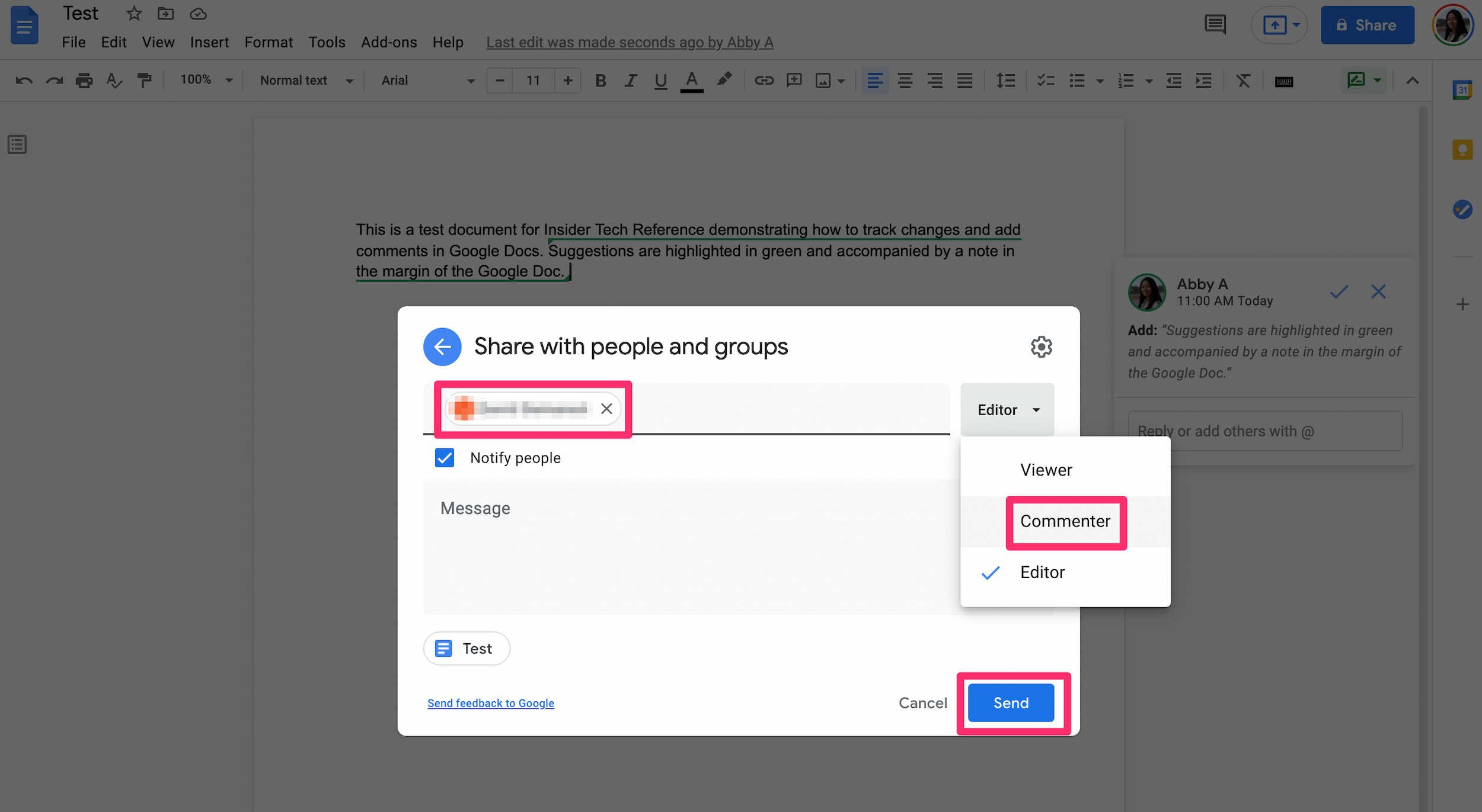 Google Docs screenshot highlighting the Share menu