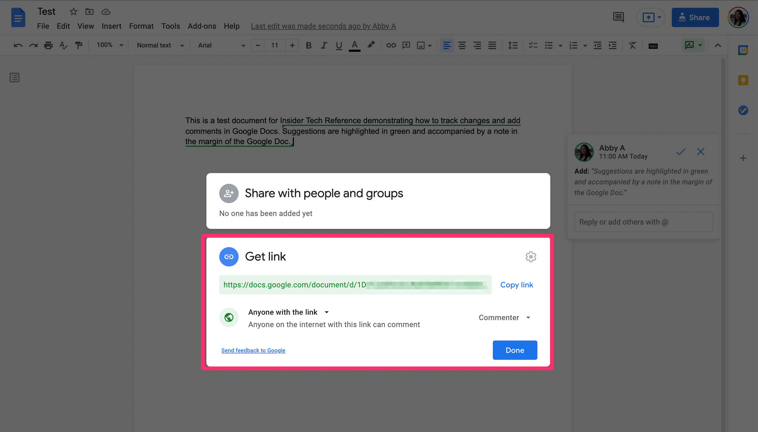 Google Docs screenshot highlighting the Share link menu