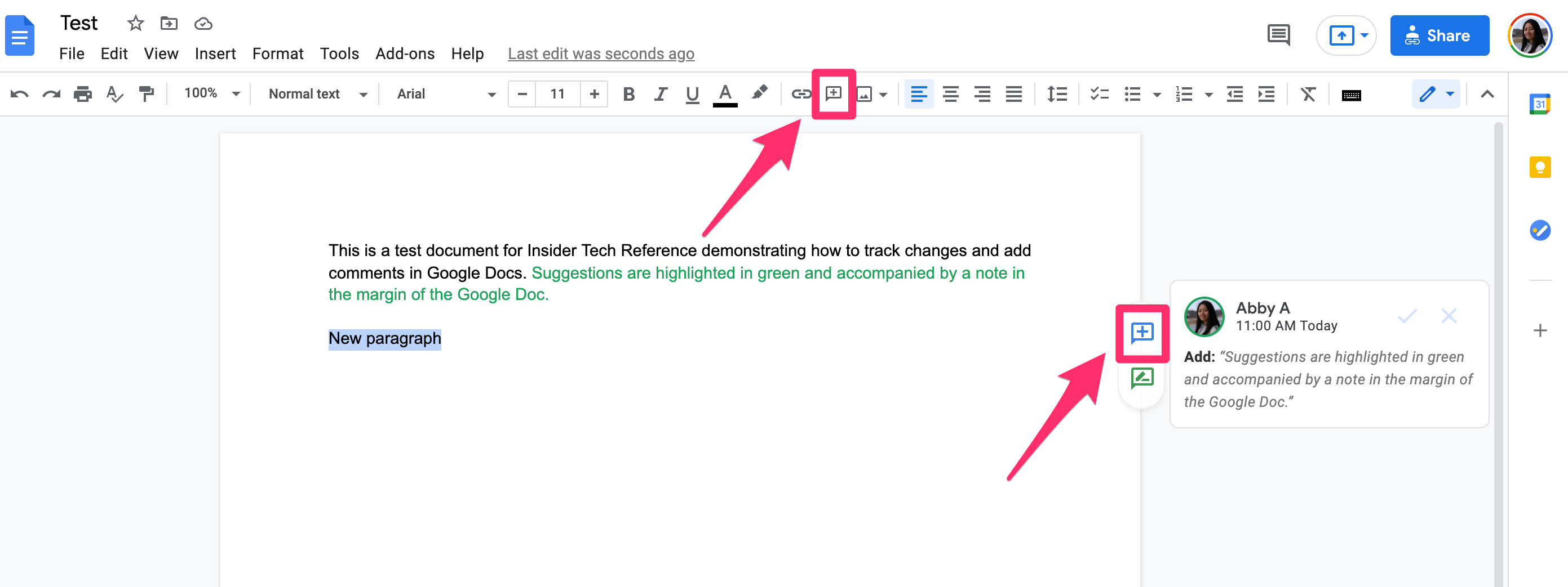 Google Docs screenshot highlighting the Add Comment icon