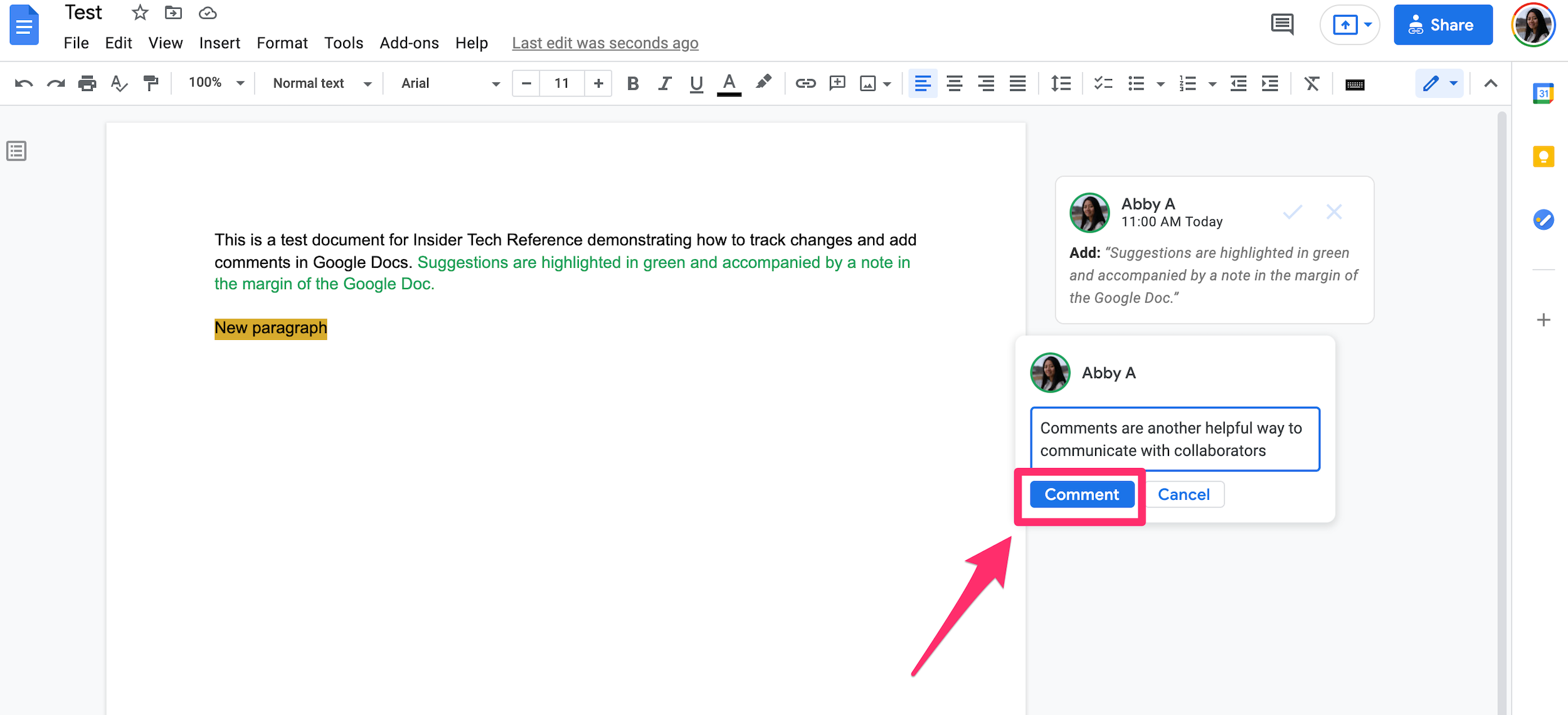 Google Docs screenshot highlighting the Comment button