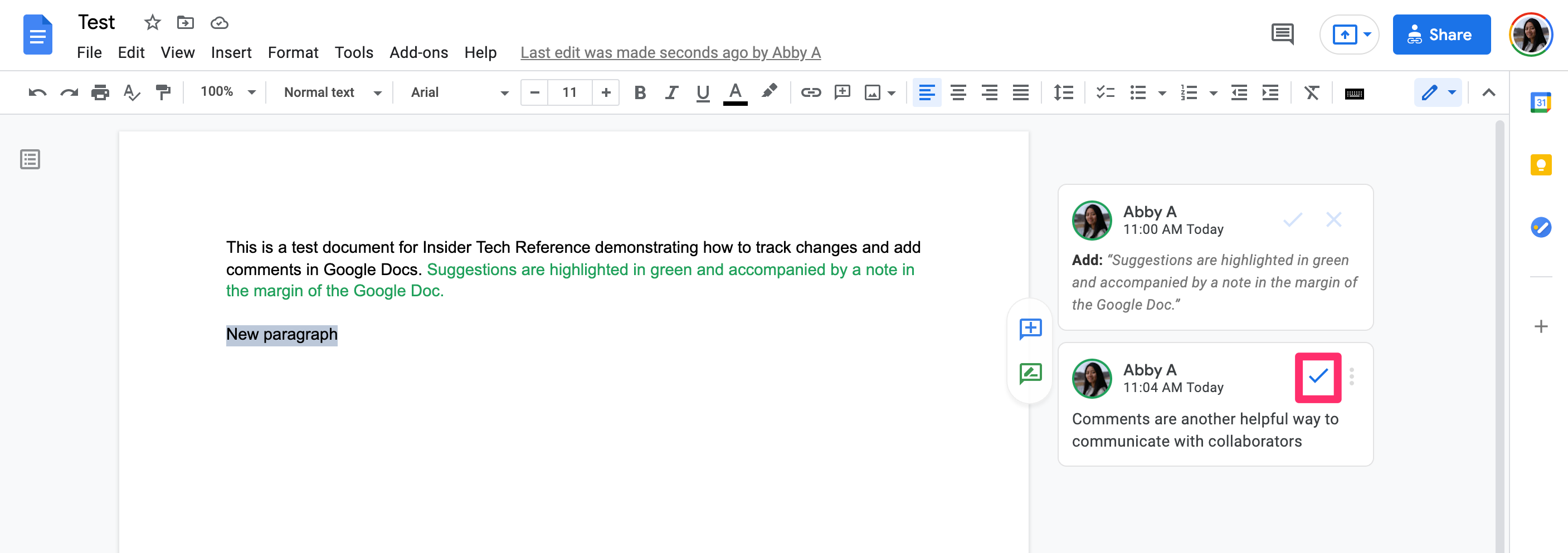 Google Docs screenshot highlighting the check mark on a comment