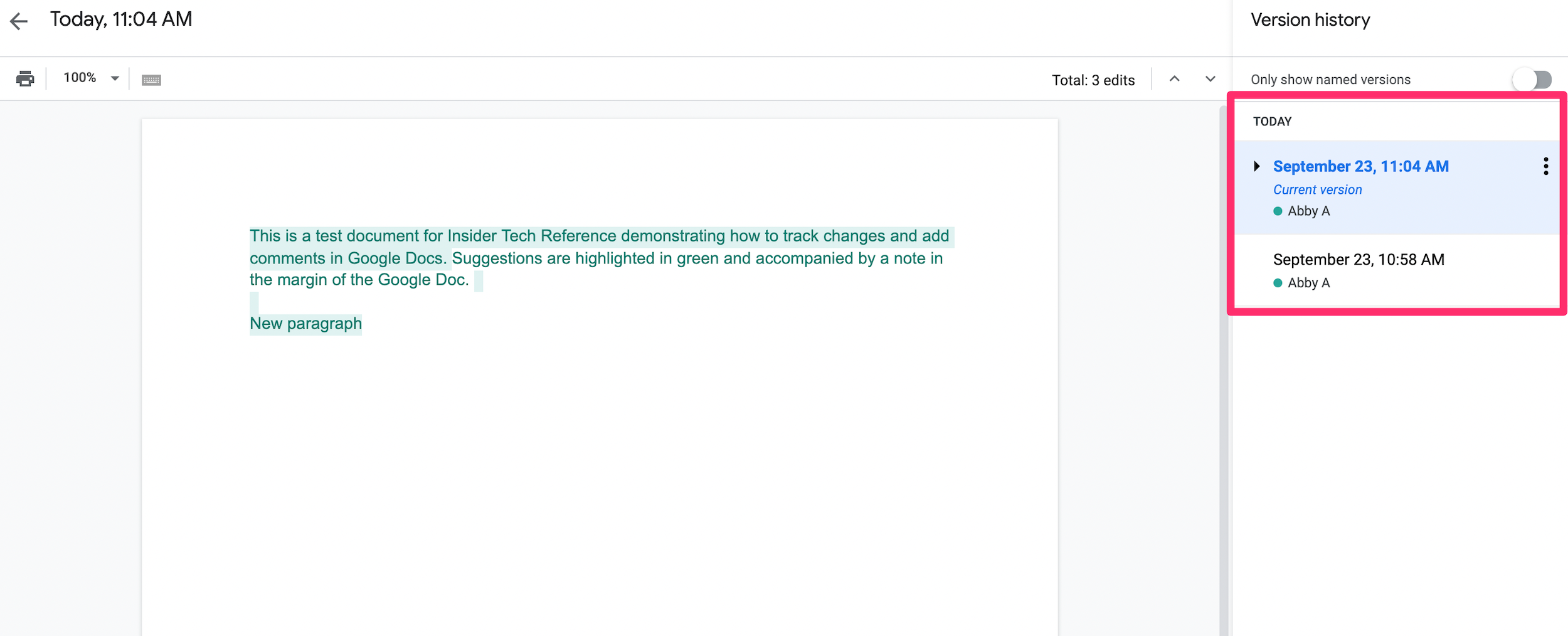 Google Docs screenshot highlighting version history