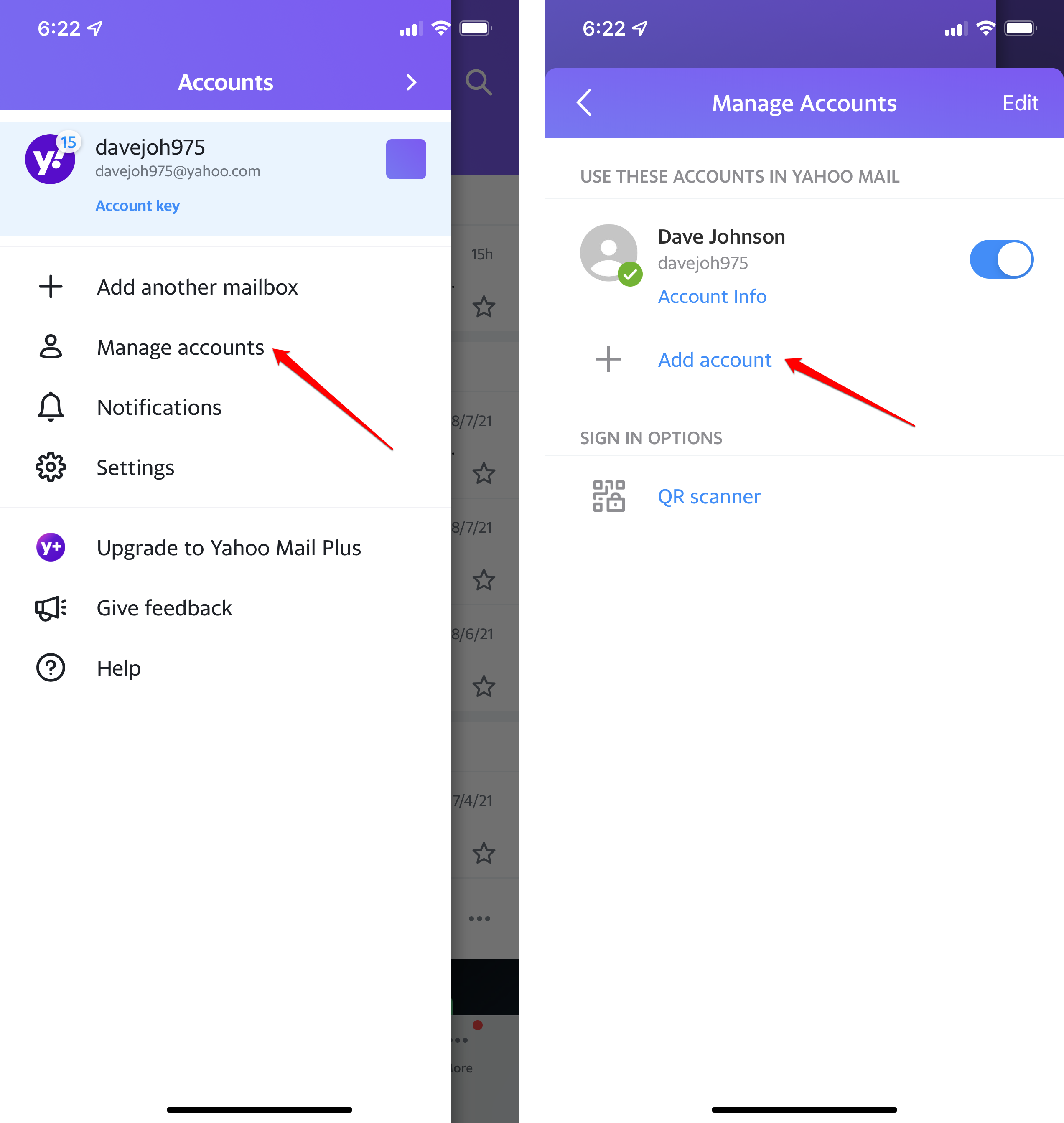 [yahoo-mail-login2 - The Yahoo Mail app's options menu on Android.]