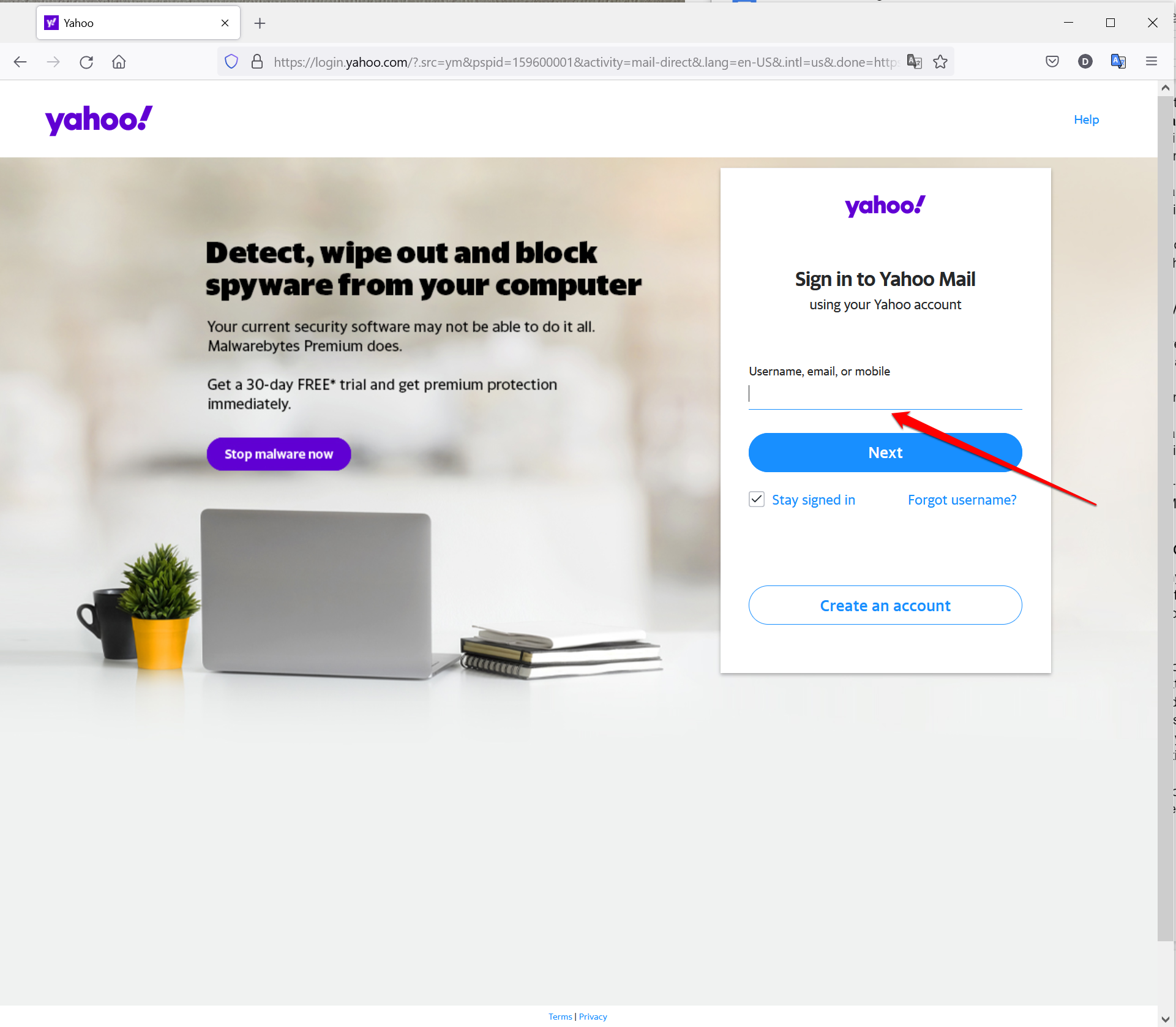 [yahoo-mail-login - The Yahoo Mail sign-in page in Firefox.]