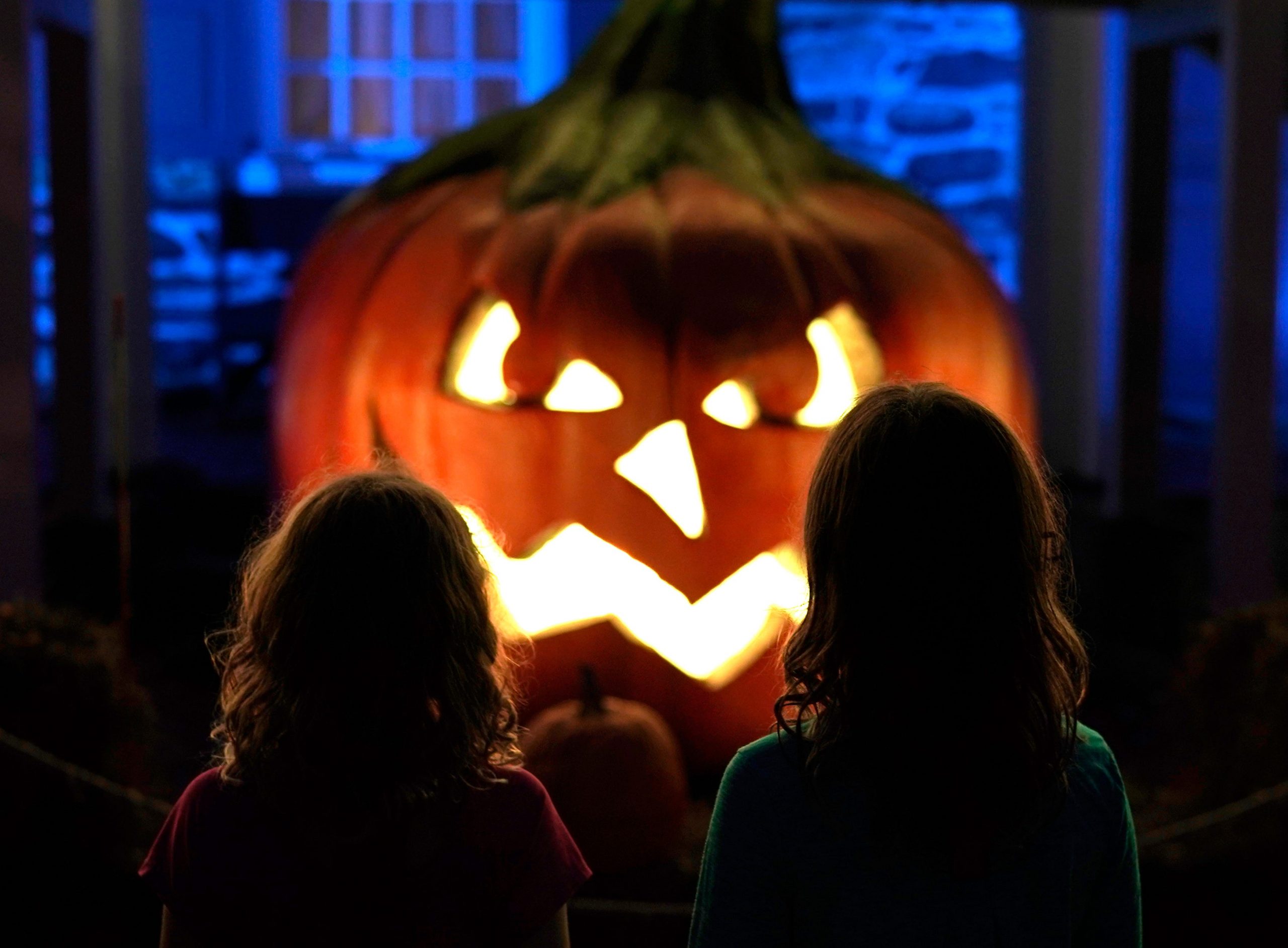 Children look at scary Halloween pumpkin carving.