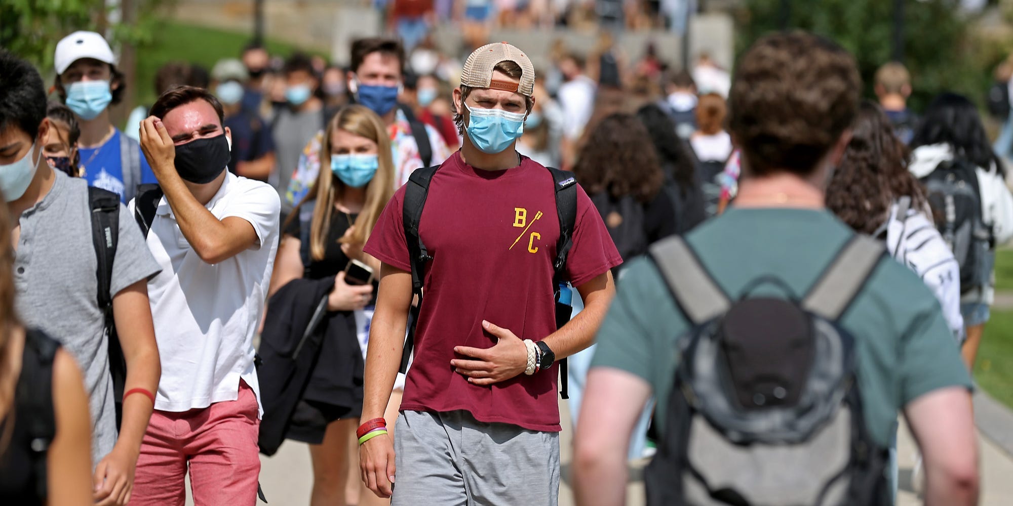 students wearing masks at Boston College campus