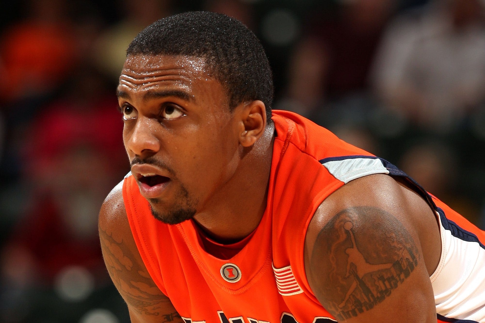 A detail of a Jumpman tattoo is seen on left shoulder of Jeff Jordan #13 of the Illinois Fighting Illini as he defends against the Purdue Boilermakers during their semifinal game of the Big Ten Men's Basketball Tournament at Conseco Fieldhouse on March 14, 2009 in Indianapolis, Indiana.