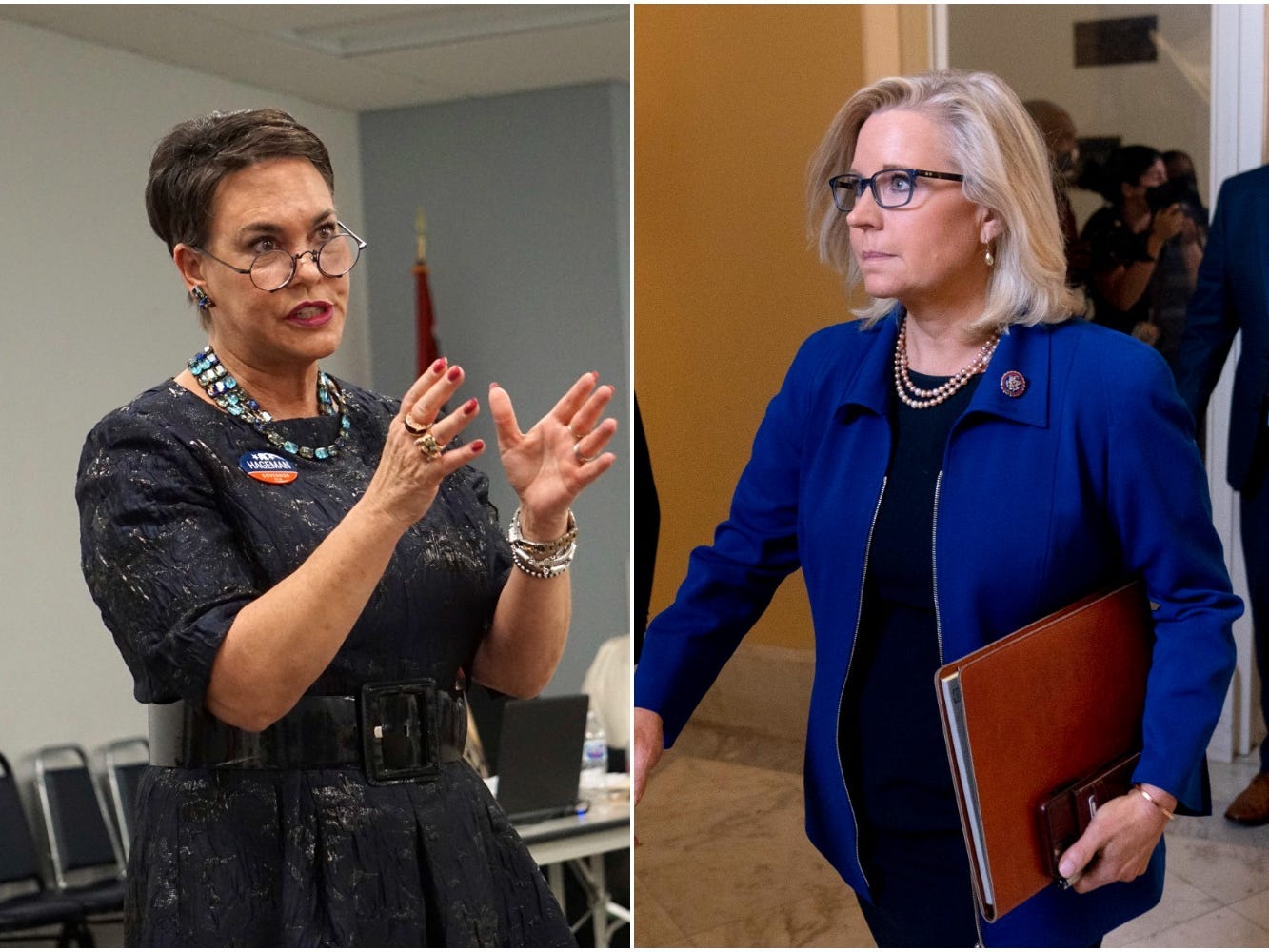 Trump-endorsed Republican candidate Harriet Hageman (left) and Republican Rep. Liz Cheney of Wyoming (right)