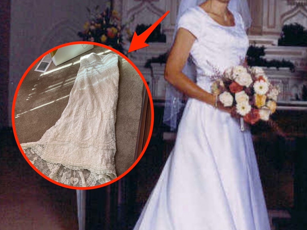 A photo of a bride in a wedding dress with a second dress inset.