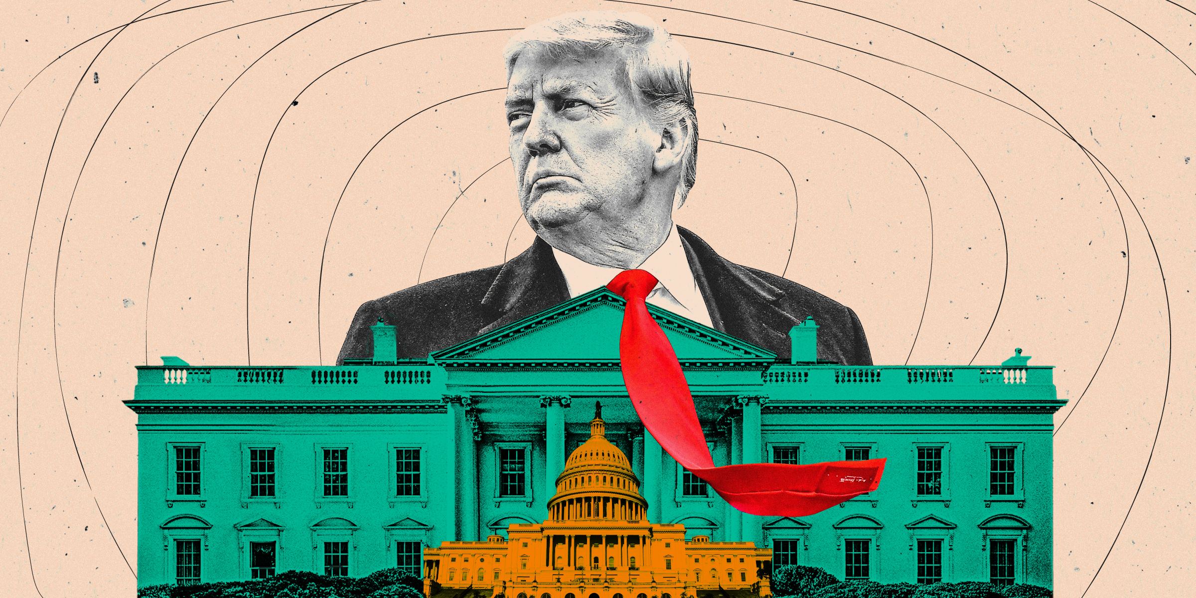Donald Trump with his red tie flapping in the wind looming over a small green colored White House and a smaller orange colored Capitol Building on a light peach colored background.