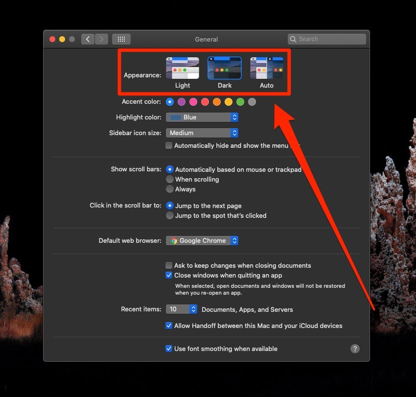chrome dark mode - mac computer system preferences, appearance menu, select dark or auto