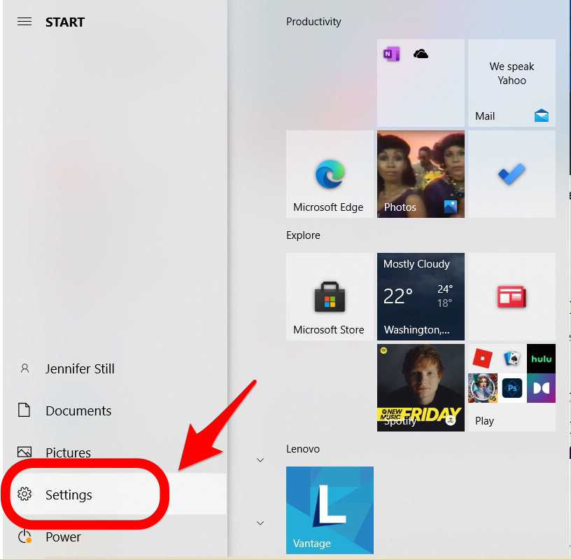 chrome dark mode- windows start button, select settings