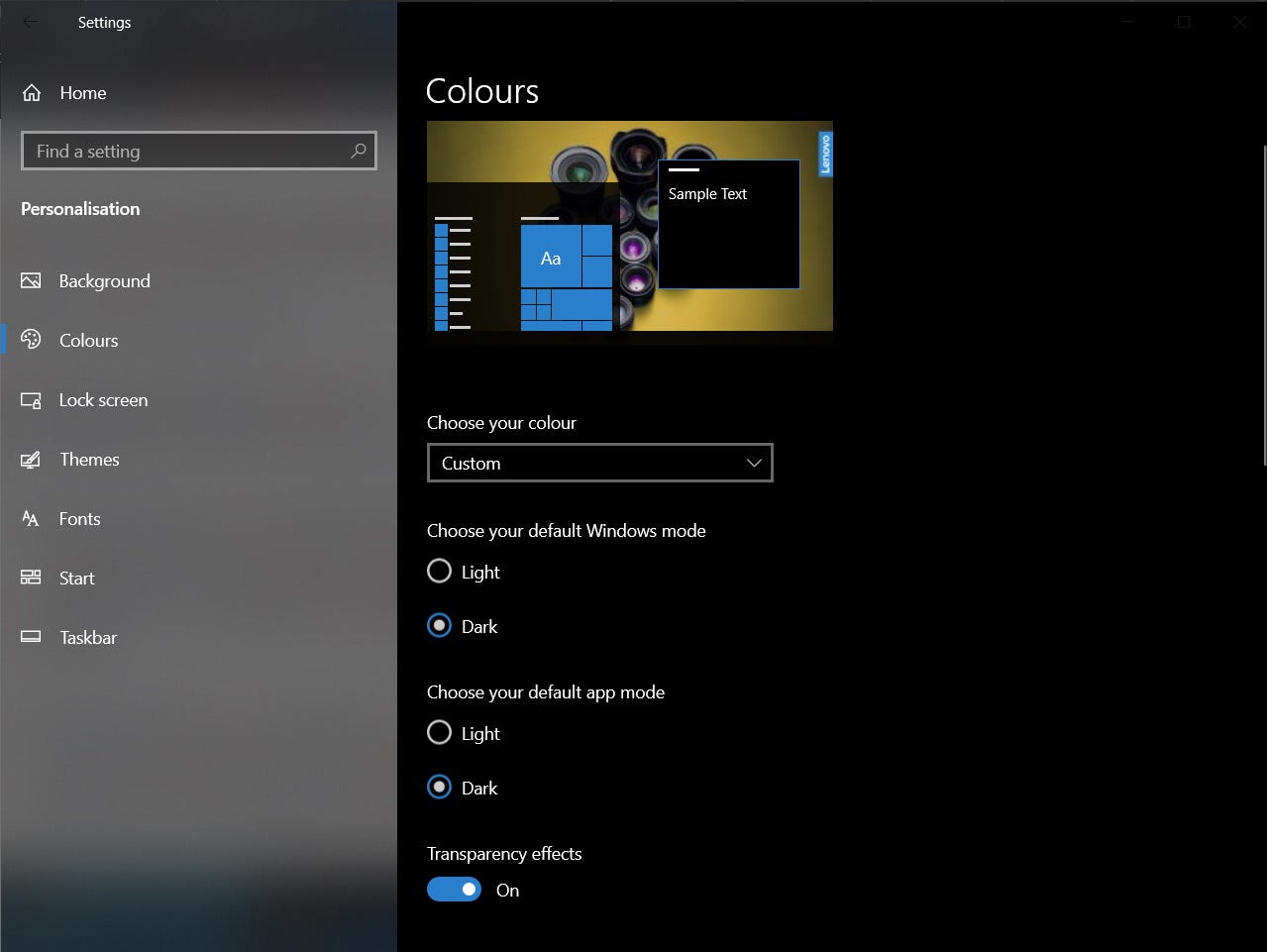 ["chrome-dark-mode-2.png:/ The Windows color customization screen opens with the dark mode option selected.]