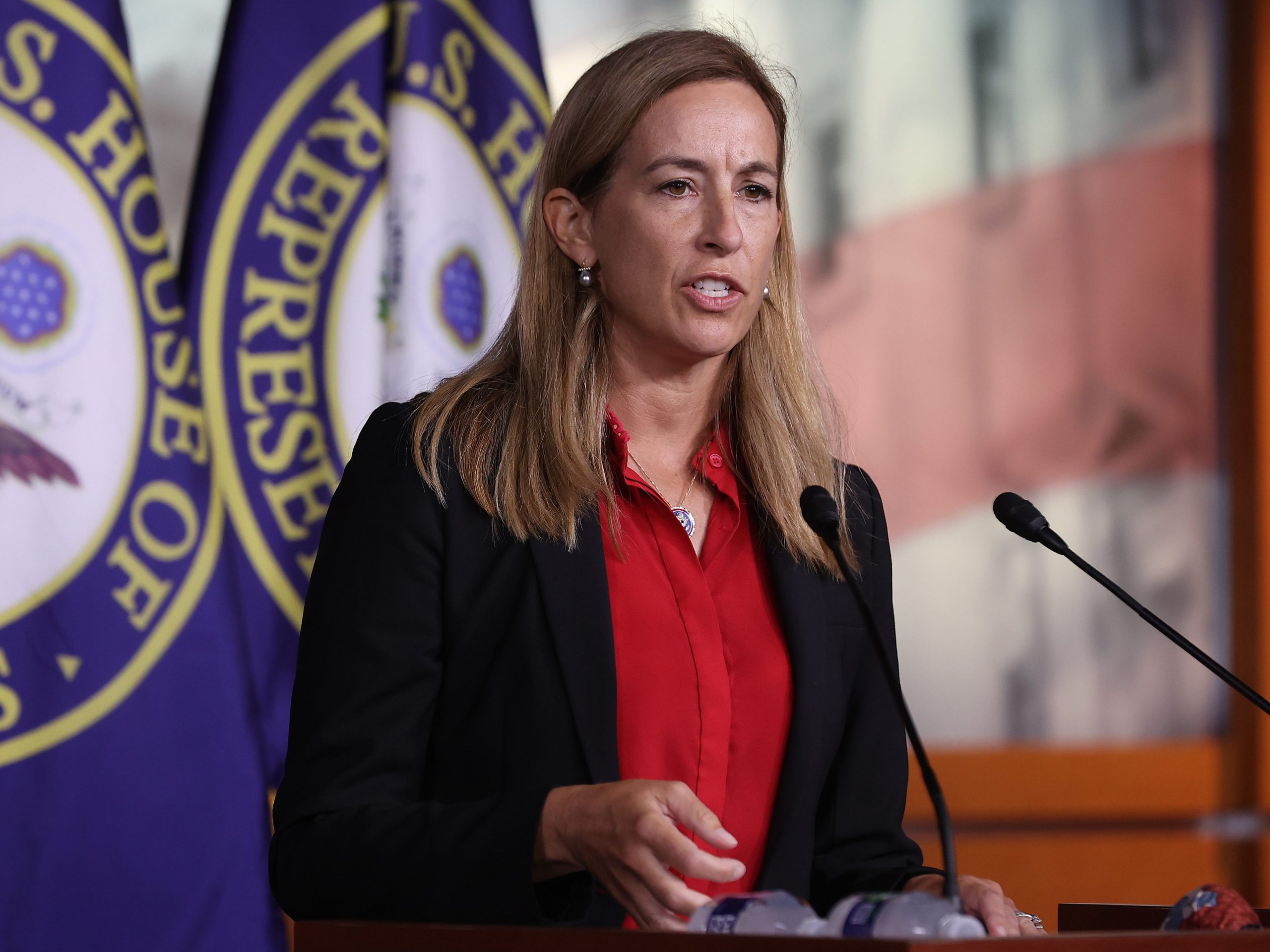 Democratic Rep. Mikie Sherrill of New Jersey talks to reporters following a caucus meeting at the US Capitol on August 24, 2021.