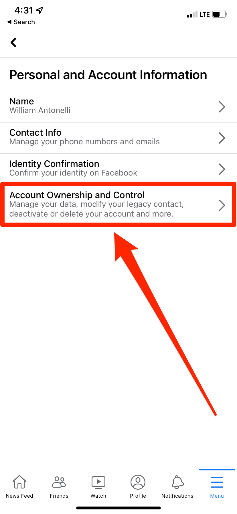A Facebook menu titled "Personal and Account Information." The "Account Ownership and Control" option is highlighted.
