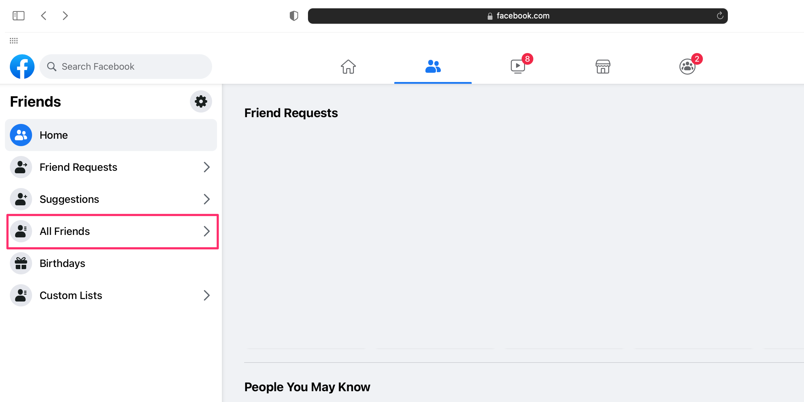 A screenshot of a user's Friends List on Facebook on desktop with a box around the All Friends option in the left sidebar menu.