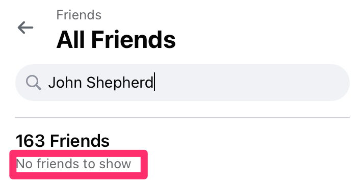 A screenshot of the search tool on the All Friends list of Facebook's Friends List with a box around the "No friends to show" search result.