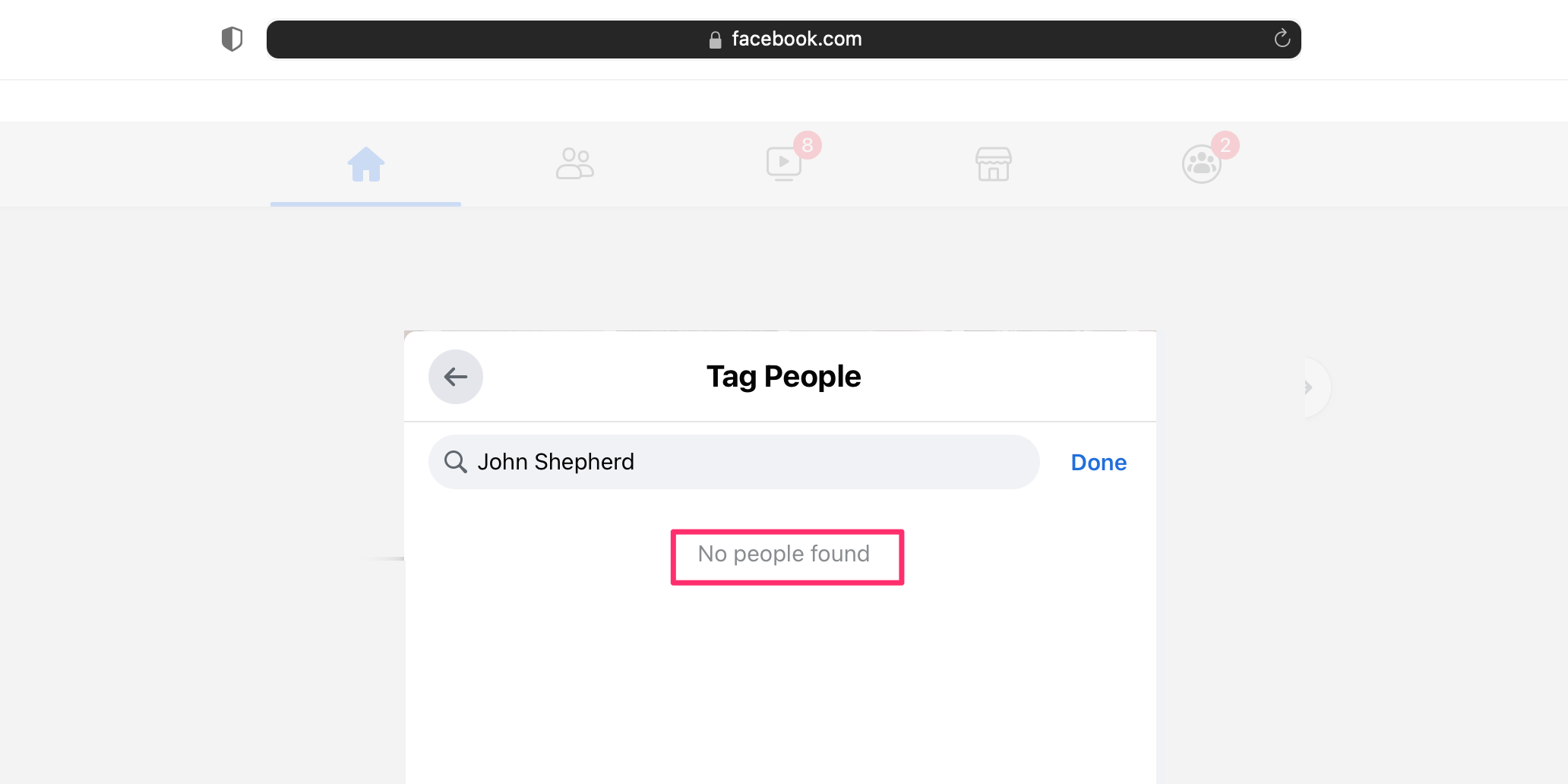 A screenshot of Facebook's Tag People pop-up with a box around the "No people found" result