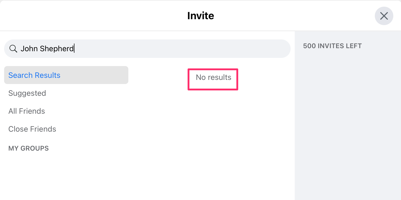 A screenshot of the Invite pop-up on Facebook Events with a box around the "No Results" result.