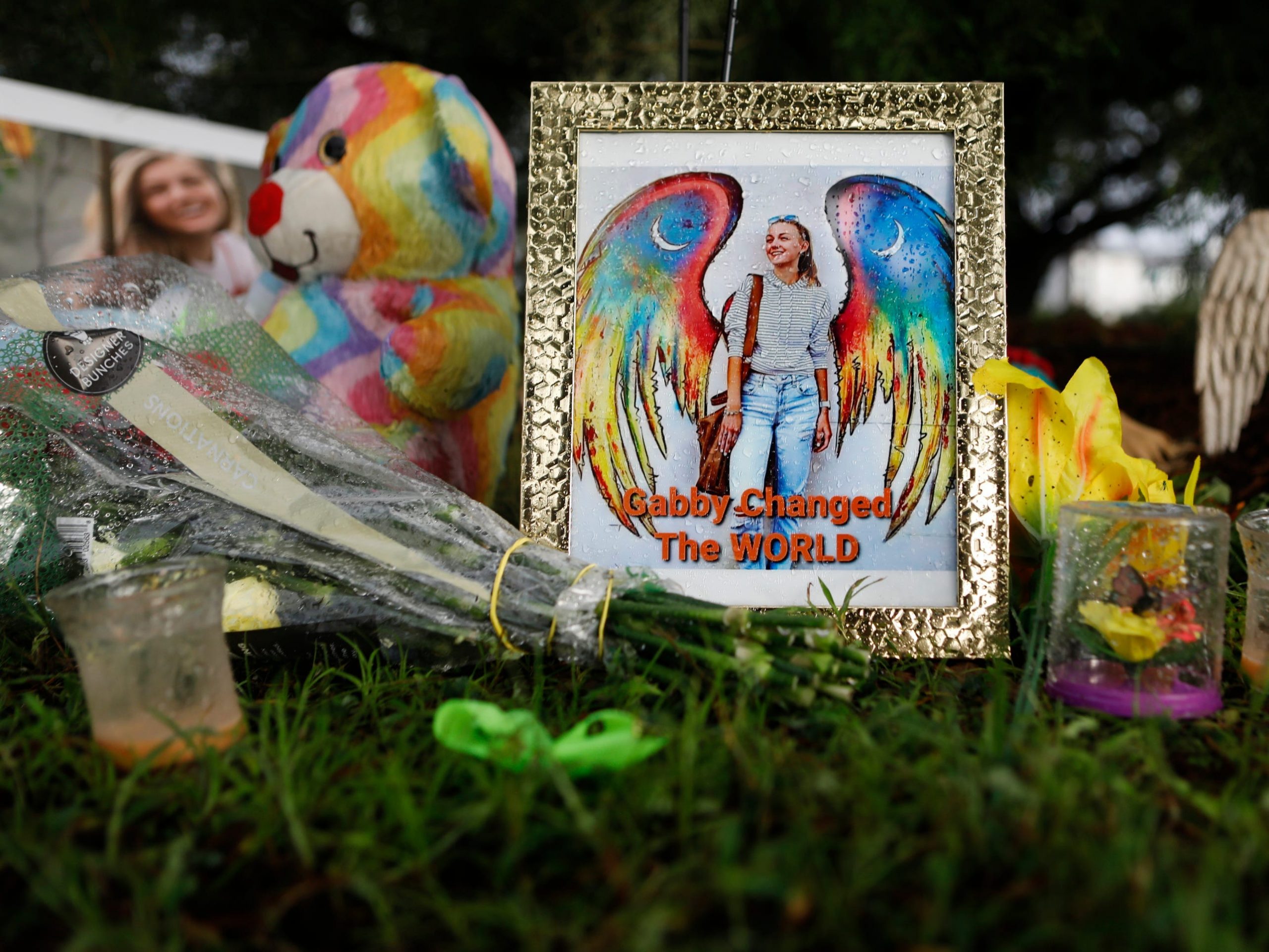 A makeshift memorial dedicated to Gabby Petito is located near the North Port City Hall on September 21, 2021 in North Port, Florida.