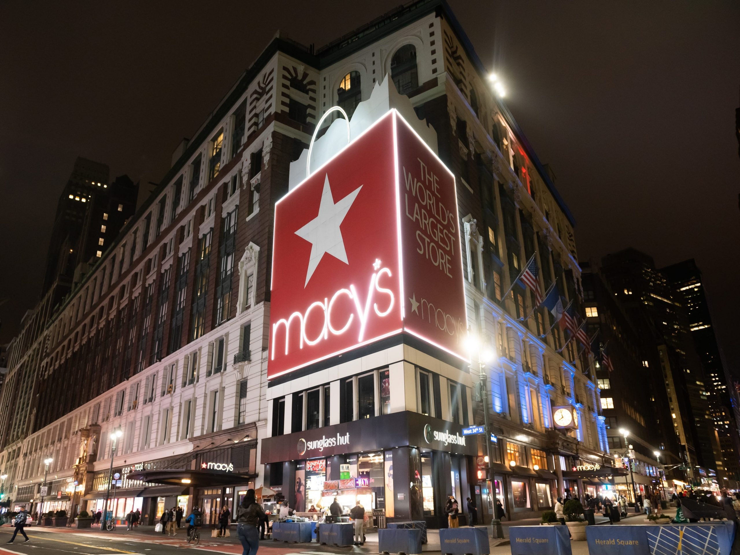 A view outside Macy's in Herald Square amid the coronavirus pandemic on March 17, 2021 in New York City. After undergoing various shutdown orders for the past 12 months the city is currently in phase 4 of its reopening plan, allowing for the reopening of low-risk outdoor activities, movie and television productions, indoor dining as well as the opening of movie theaters, all with capacity restrictions.